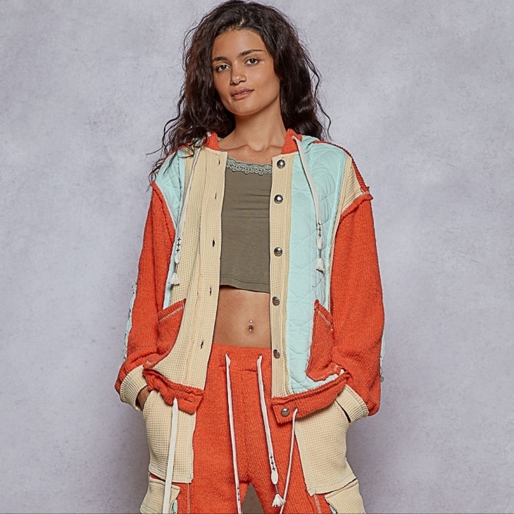POL Streetwear Colorblock Quilted Patchwork Thermal  Hoodie Shacket